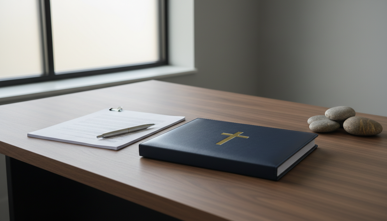 A neatly organized desk featuring a closed navy blue faux-leather portfolio embossed with a gold cross, a stack of orderly white paperwork, and a silver pen with a subtle polished finish. The desk surface is matte walnut wood, accented by a small arrangement of smooth river stones symbolizing stability. This arrangement sits at the corner of a bright, airy office space with neutral gray walls. Morning sunlight filters in through a frosted window, producing gentle, even illumination with crisp, clean highlights on the pen and portfolio. The mood is professional and optimistic, evoking new beginnings. Shot from an eye-level perspective with sharp focus throughout and balanced horizontal composition. The image style embraces photographic realism, clean lines, and a structured, modern nonprofit aesthetic, supporting the theme of organized reintegration support.