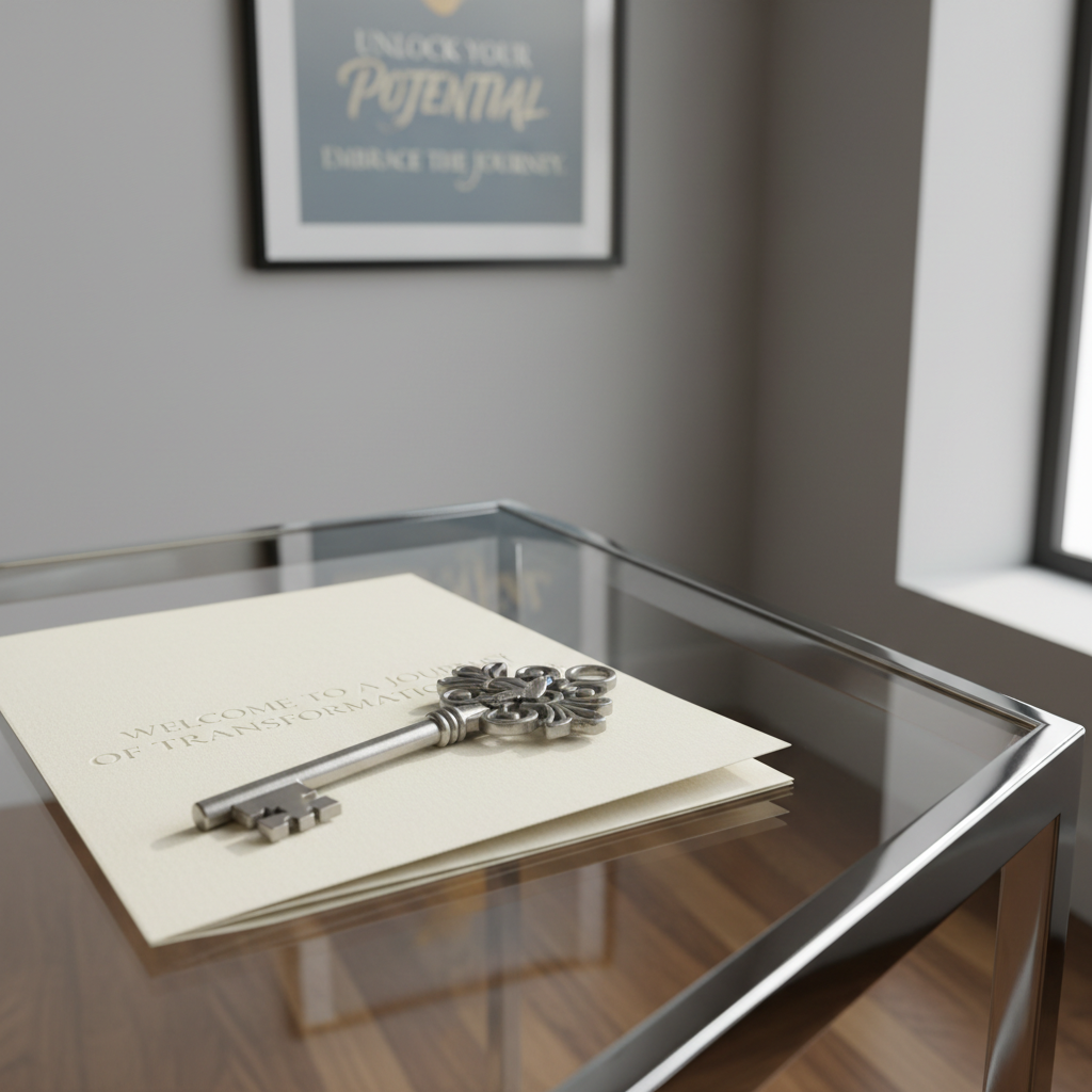 A single, elegant metal key with an intricate cross-shaped head resting atop a folded cream-colored welcome brochure, both placed carefully on a clear glass table with polished chrome edges. In the softly blurred background, a neutral gray wall and a framed motivational quote bring subtle inspiration. Bright, indirect daylight from a side window gently illuminates the table, producing luminous highlights and soft, elongated shadows. The visual mood is one of quiet optimism and trust, supporting the ministry’s message of transformation and opportunity. The composition uses the rule of thirds for balance, with shallow depth of field bringing focus to the key and brochure. The style aligns with clean, photographic realism and a professional, nonprofit atmosphere.