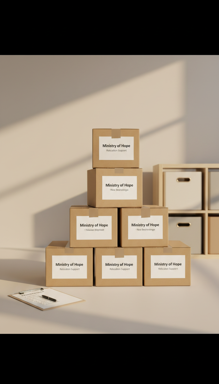 A set of carefully stacked cardboard moving boxes, each with crisp white labels and strong packing tape, standing against a freshly painted pale beige wall. Nearby rests a tidy metal clipboard with a checklist, and in the background, a minimalist wooden shelf holds neutral-toned storage bins. The scene is softly bathed in diffused late afternoon sunlight from a high window, creating balanced shadows and a serene atmosphere. Captured with a centered composition from a slightly elevated angle, the focus is sharp, emphasizing organization and preparedness. The mood is hopeful and tranquil, reinforcing the narrative of new beginnings and structured support offered by the ministry. The artistic style is photographic, embracing clean, corporate aesthetics with balanced forms and unobtrusive colors.